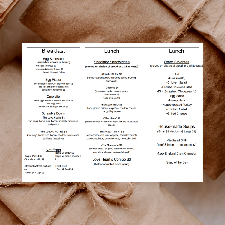 Cafe menu